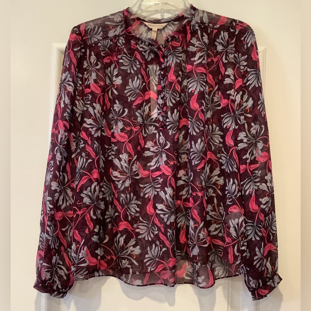 Rebecca Taylor Sheer 100% Silk Floral Blouse Top Size 0 Oversized Long Sleeves